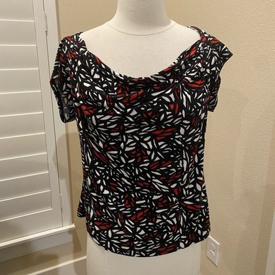 NWT St. John Sport  Cowl Neck Top Black Red Stretch Cap Sleeve Medium