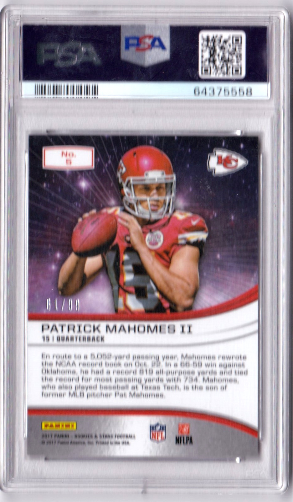 2017 Panini R&S Patrick Mahomes II. Stellar Rookies-RED #5 PSA 9 - 61/99 view 2