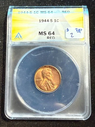 1944 S LINCOLN WHEAT CENT ANACS MS 64 RD 131
