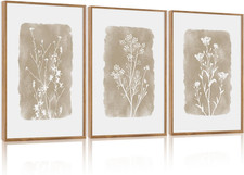 Vintage Floral Framed Canvas Wall Art Set of 3, Minimalist Wall Decor, Nature In