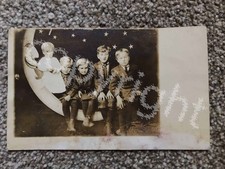 RPPC-SMILING PAPER MOON-FIVE YOUNG CHILDREN POSED-STUDIO PROP-REAL PHOTO-AS IS