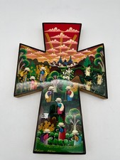 Antonio Natalio Hand Painted Peruvian Folk Art Cross Andean Village Wall Decor