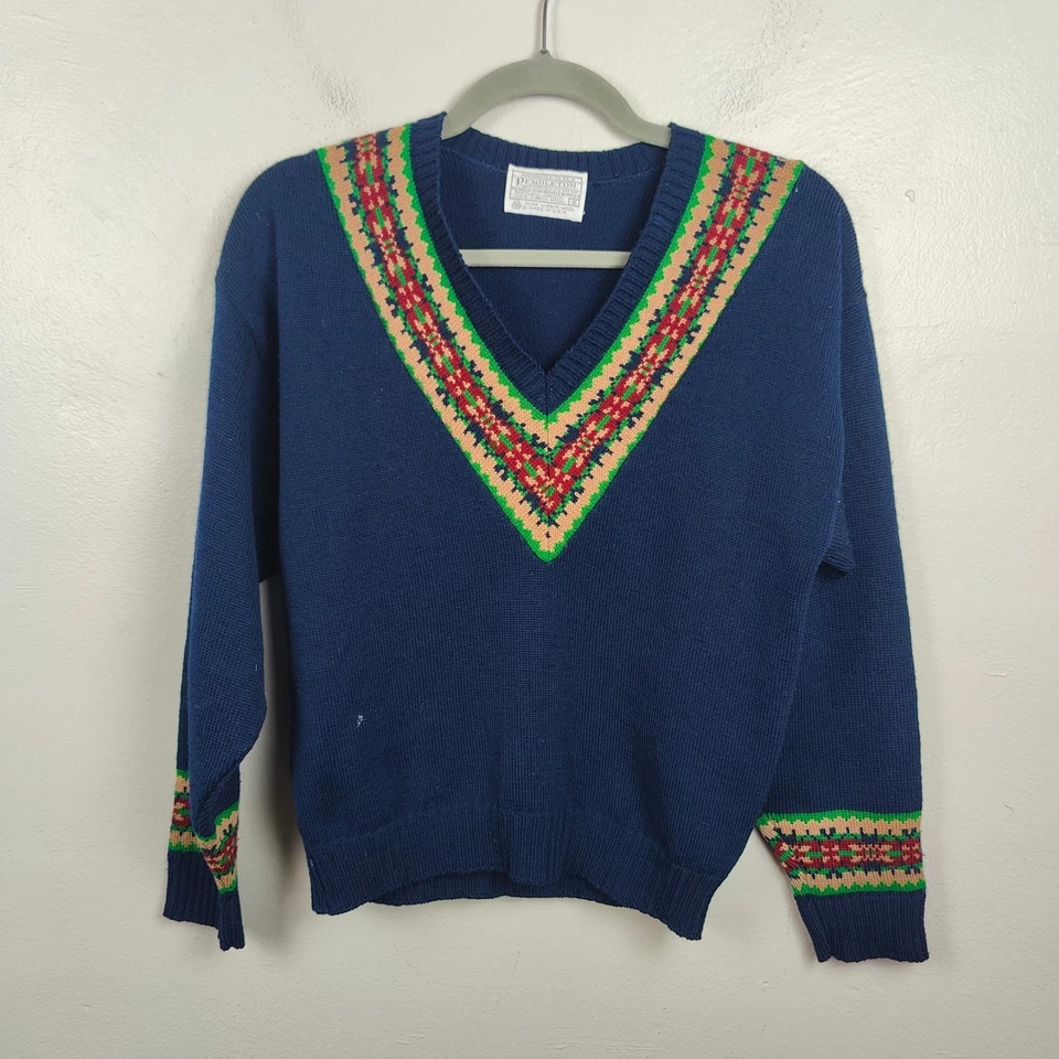 Vintage Pendleton Wool Sweater Womens Small Navy Blue V Neck Fair Isle Trim - Image 2 of 4