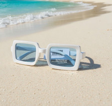 Women's Square Sunglasses White Plastic Frame Blue Tinted Lenses UVA