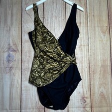Robby Len One Piece Swimsuit Women 14T Black Gold Floral Brocade Vintage 80s 90s