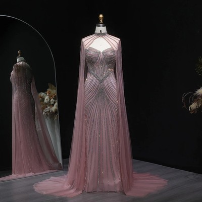 Sparkly Crystal Pink Evening Dress with Cape Sleeves Elegant Wedding Party Gowns