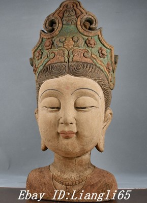 27.5'' Tibet Nan Holz Malerei Kwan-yin Guan Yin Boddhisattva Göttin Kopf Statue