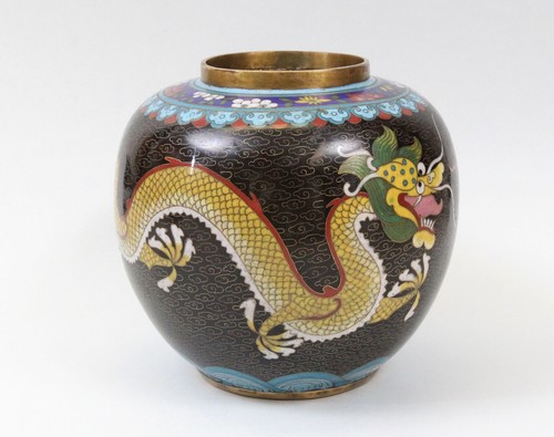 Antiguo/Vintage Chino Cloisonne 6" Negro Jengibre Tarro Dragón y Perla Llameante - Imagen 2 de 14