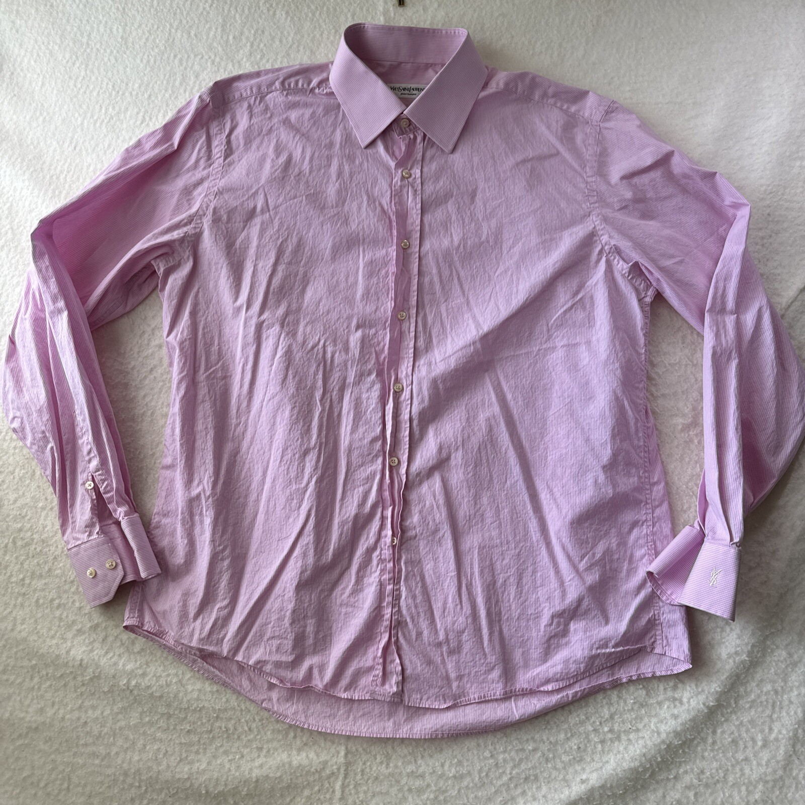 Yves Saint Laurent Rosa Micro Check Made Camicia Abito Uomo Tg XXL Preppy10