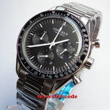 40mm corgeut black dial steel bracelet quartz full chronograph mens watch