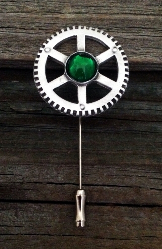 Peltro Steampunk Cronometro Gear Bastone Pin IN Swarovski Cristallo Verde - Foto 1 di 1