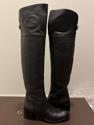 Gucci Over The Knee Embossed G Low Heel In Black Size 7.5