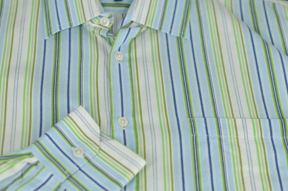 Camisa de vestir Arnold Zimberg para hombre azul verde y blanco a rayas de algodón 16 x 32 Foto 3 de 4