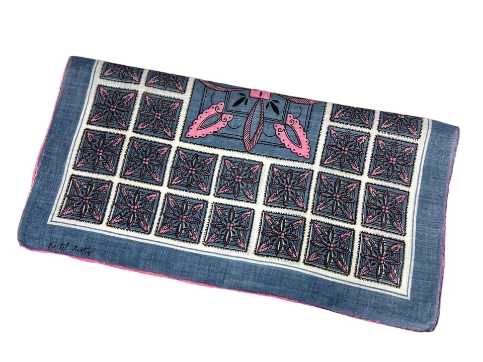Circa 50s FAITH AUSTIN Linen Handkerchief Abstract Geometric Optic Pink Gray EXC - Image 4 of 4