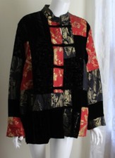 Amazing! Chico's Sz 2 L Asian Velvet Red Silk Patchwork Burnout Blazer Jacket