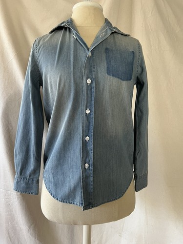Arizona Jeans Youth M (10/12) Denim Button Up Shirt Roll Up Sleeve Distressed - 第 1/6 張圖片