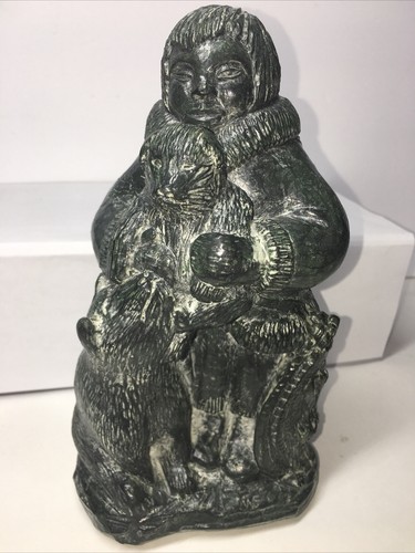El Lobo Esculturas Piedra Esquimal con Perro y Cachorro Hecho a Mano en Canadá De Colección 8" - Imagen 2 de 9