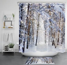 Winter Christmas Nature Landscape Forest Shower Curtain Set for Bathroom Decor