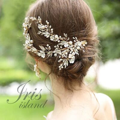 Crystal Floral Bridal Hairpiece - Gold and Clear Gold Floral Bridal Hair Comb: Ivory Clay Flowers & Crystal  main image 4