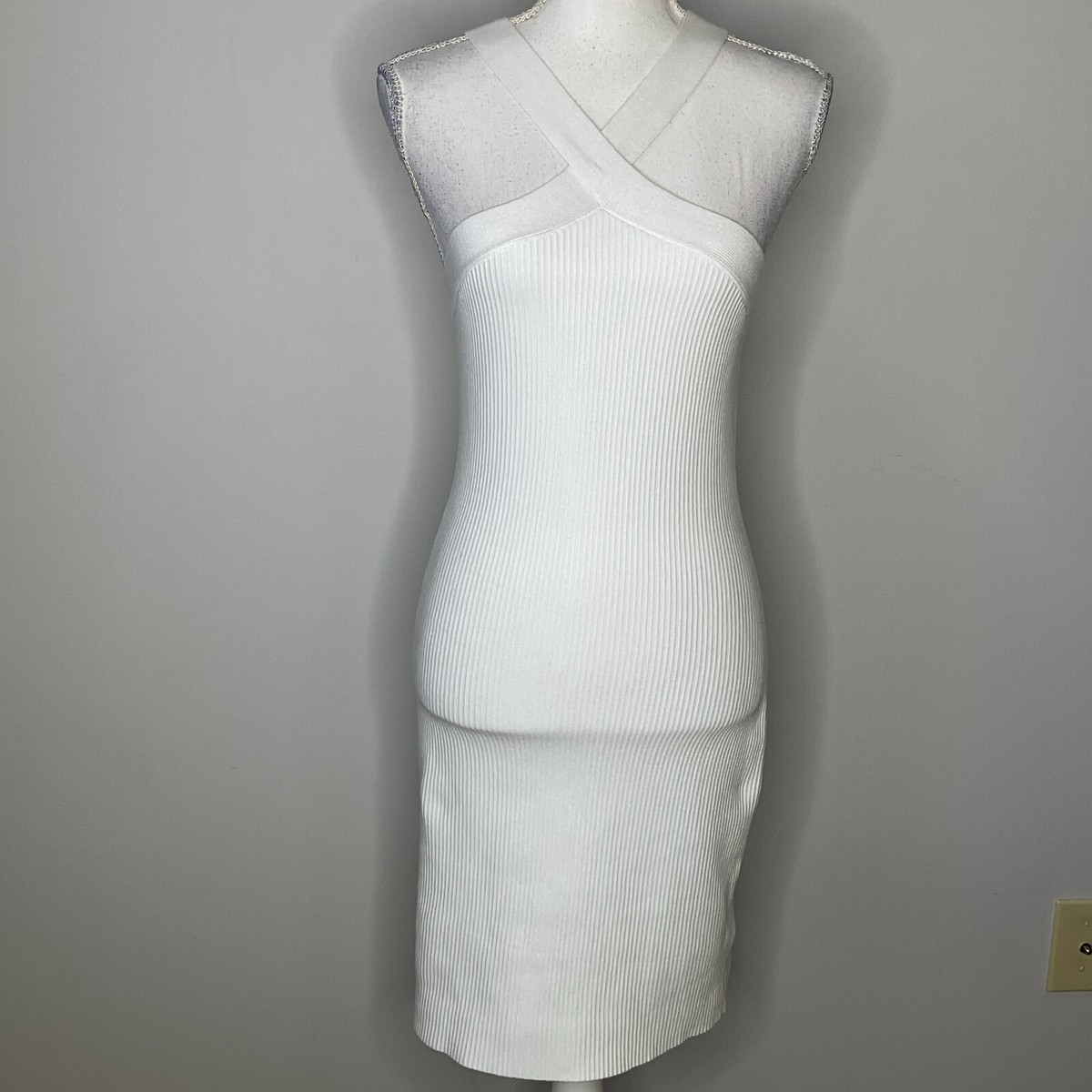 House Of Harlow 1960 White Halter Ribbed Knit Mini Dress Womens