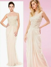 Tadashi Shoji Illusion Rosette Scallop Lace Tulle Latte Beige Dress Gown