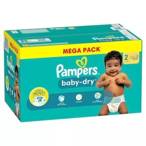 Lot 124 Couches PAMPERS Baby-Dry TAILLE 2 = 4 à 8 KG Pack Change Bébé  Protection