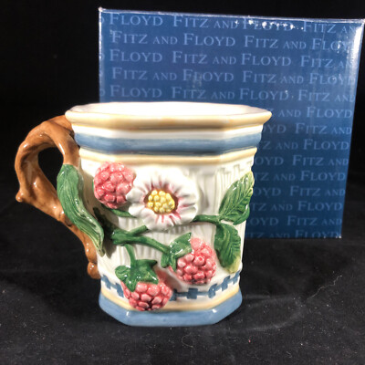 Vintage Fitz & Floyd English Garden Porcelain Cup 3.5  Mug Berries Leaves w/ Box