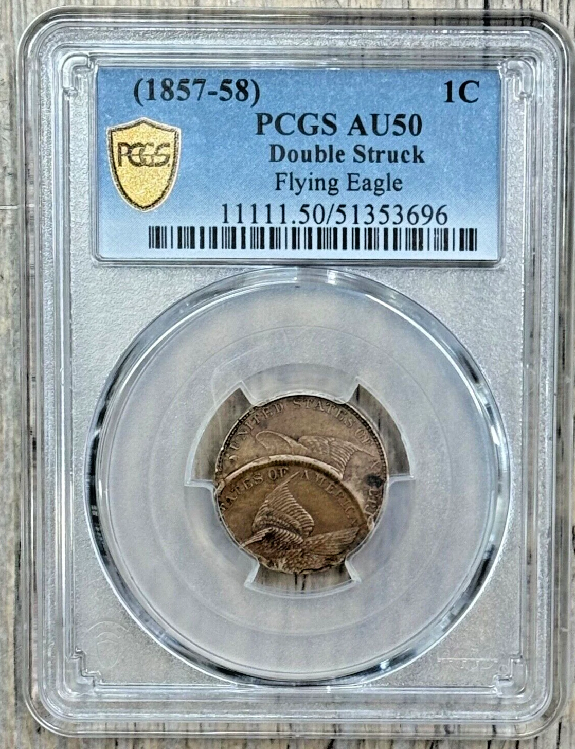 1857 Flying Eagle 1 Cent, Double Struck,  PCGS AU 50 Rare Dramatic Double Strike