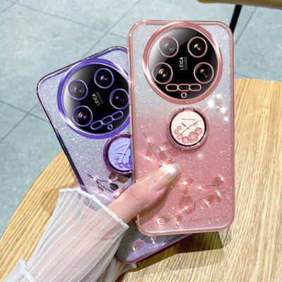 For Xiaomi 14 Ultra, Luxury Bling Glitter Pattern Clear Ring Holder Case Cover