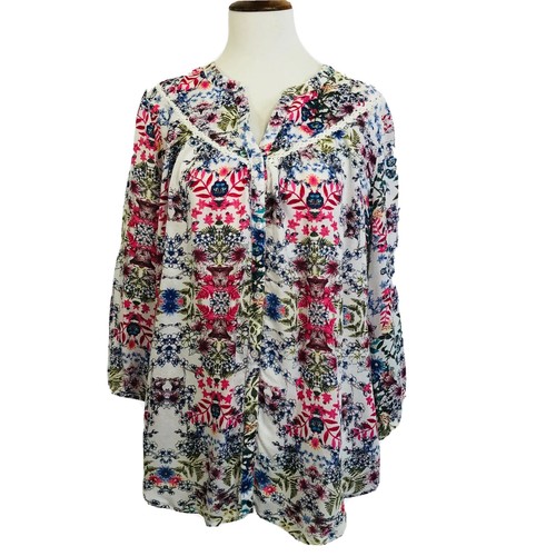 Caffe Marrakesh Blouse Small Pink Blue White Floral Button Front Tunic Top Shirt