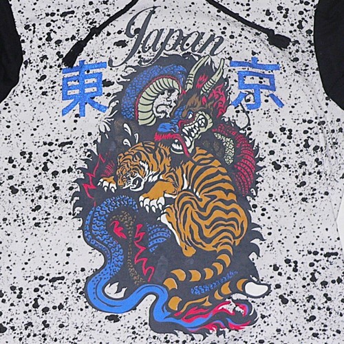 ROLLING PAPER PULLOVER HOODIE Sz L BLACK WHITE PAINT SPLATTER SKATE TIGER DRAGON - Picture 2 of 13