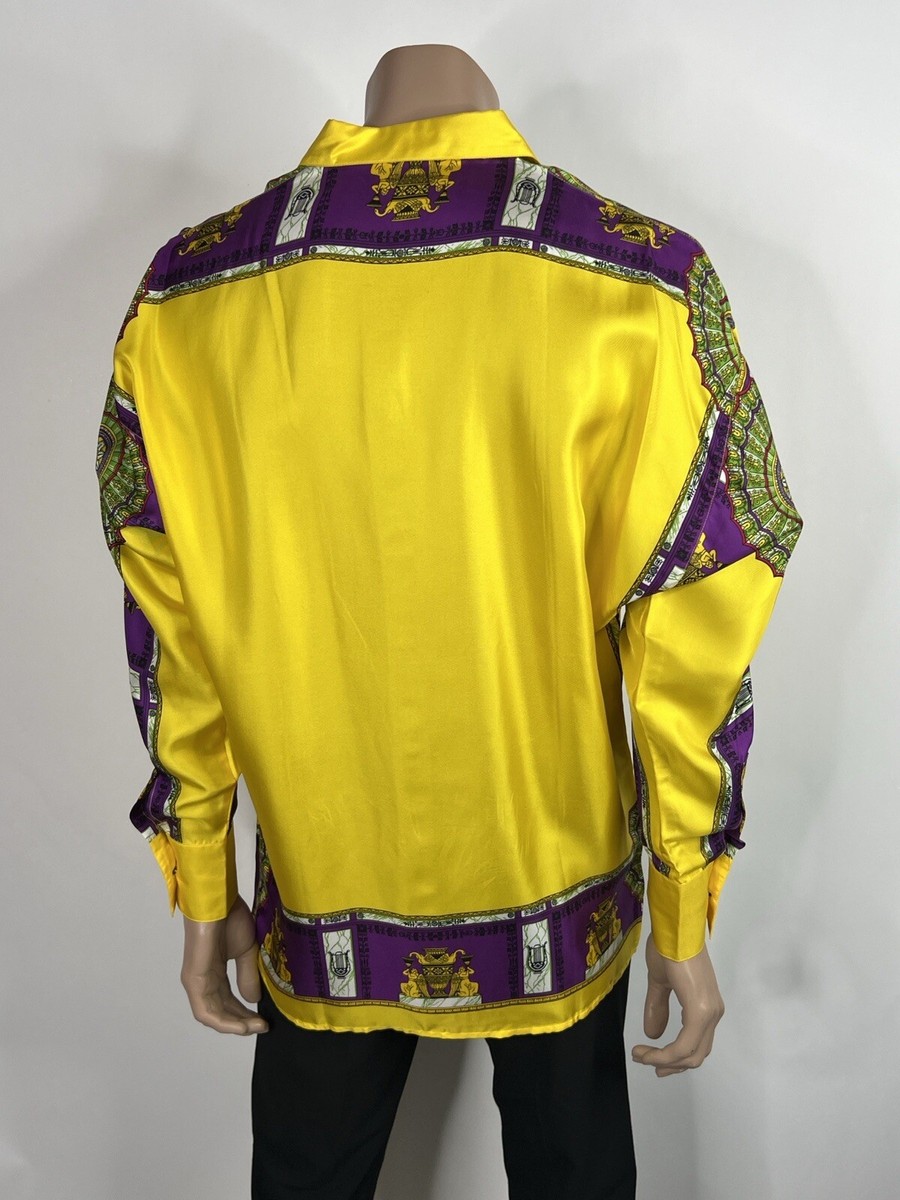 GIANNI VERSACE イエローポロシャツ Vtg GIANNI VERSACE 1991 YELLOW PURPLE PRINT SILK SHIRT 44 XS