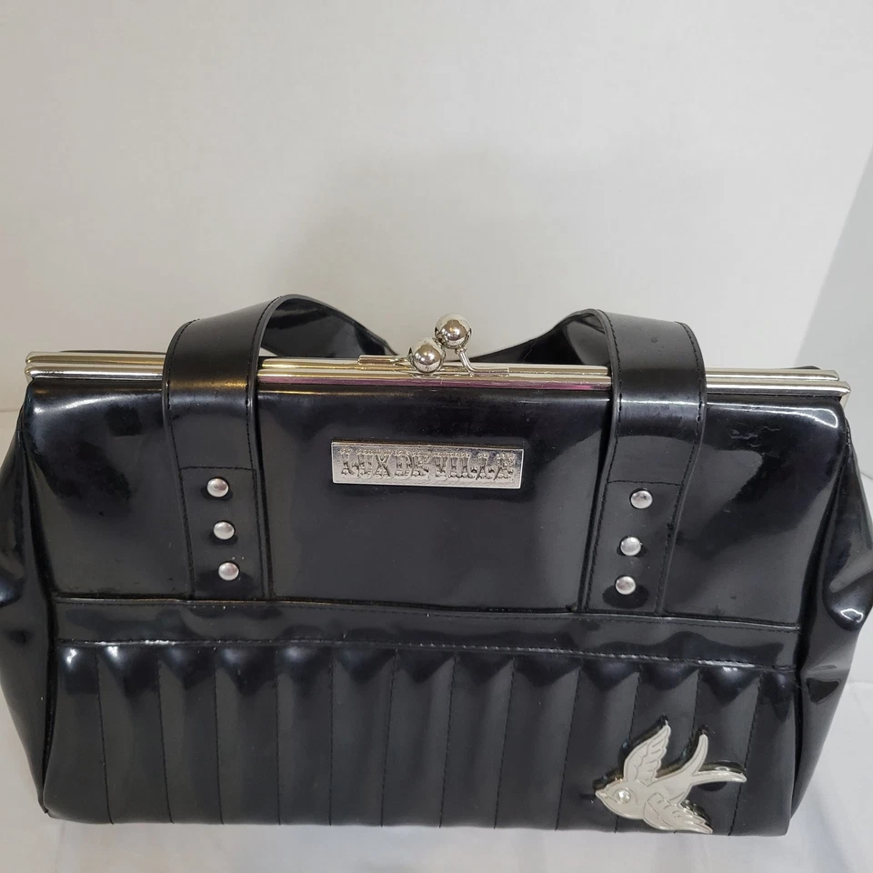 Bolso Cartera Lux De Ville Negro Imitación Charol Gorrión Bloqueo de Beso Rockabilly Foto 3 de 4