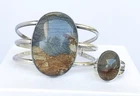 VINTAGE STERLING SILVER NATURAL  BUMBLEBEE JASPER  STONE BRACELET RING SET