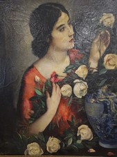 Dipinto Olio Su Tela Di Rosario Pulvirenti Raffigurande Donna Con Vaso Di Fiori