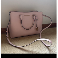 Michael Kors Pink Satchel Top Handle Bag Gold Hardware Logo Charm Inner Pockets