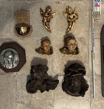 Alte Antiquitäten Engel Jesus Wand Figuren aus geschnitzten Holz, bemalt,Messing