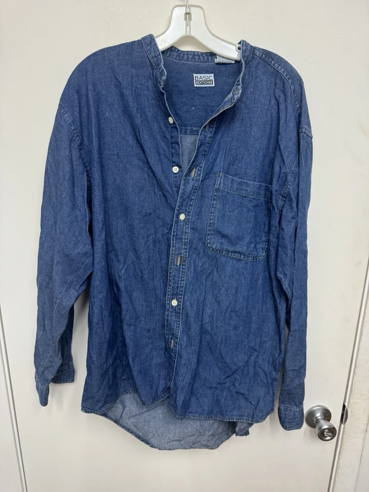 vintage denim shirt collarless button down mens medium - Image 2 of 4