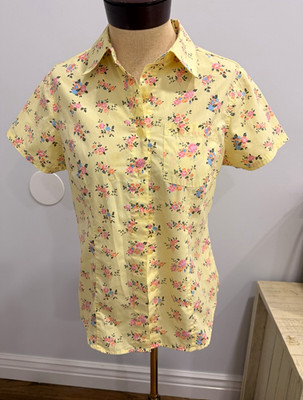 Basic Editions Yellow Floral Collared Button-Up Short Sleeve Women's Size S