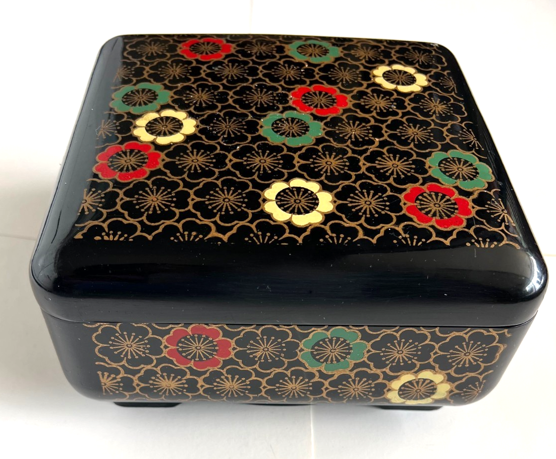 Vintage Japanese Lacquer Jubako Bento Box Black with Colorful