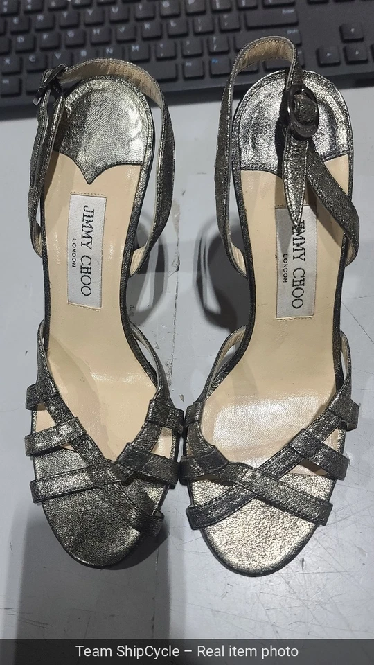 Sandalias Jimmy Choo Talla 38 Tacones Bloque Metálicos Brillo Bronce Cordones L G2U Foto 2 de 4