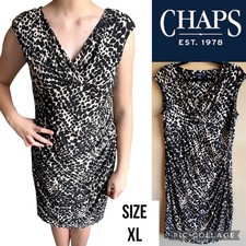 Chaps Womens Dress Ruched Black Cream Slimming V-Neck Cap Sleeve Midi Size XL