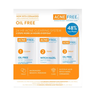 Acne Free 3 Step 24 Hour Acne Treatment Kit - Clearing System w Oil Free Acne