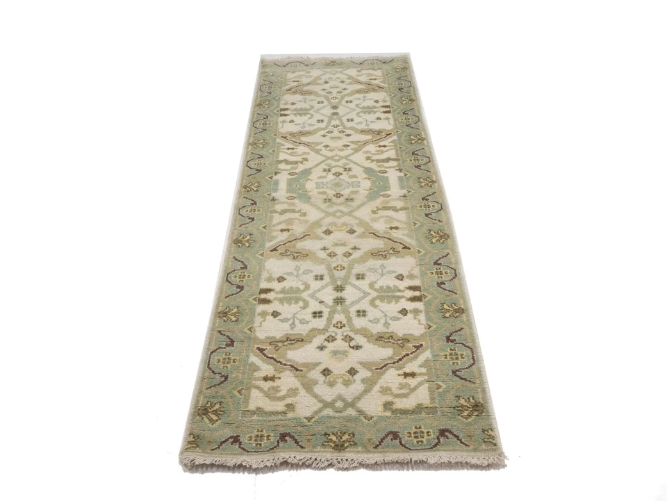 Hand-Knotted Muted Wool Oushak Oriental Runner Rug Floral Kitchen Carpet 3X8 - Image 2 of 4