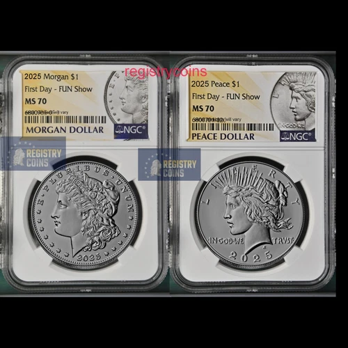 2025 Morgan Peace Silver Dollar Set NGC MS70 First Day of Issue Fun Show Presale