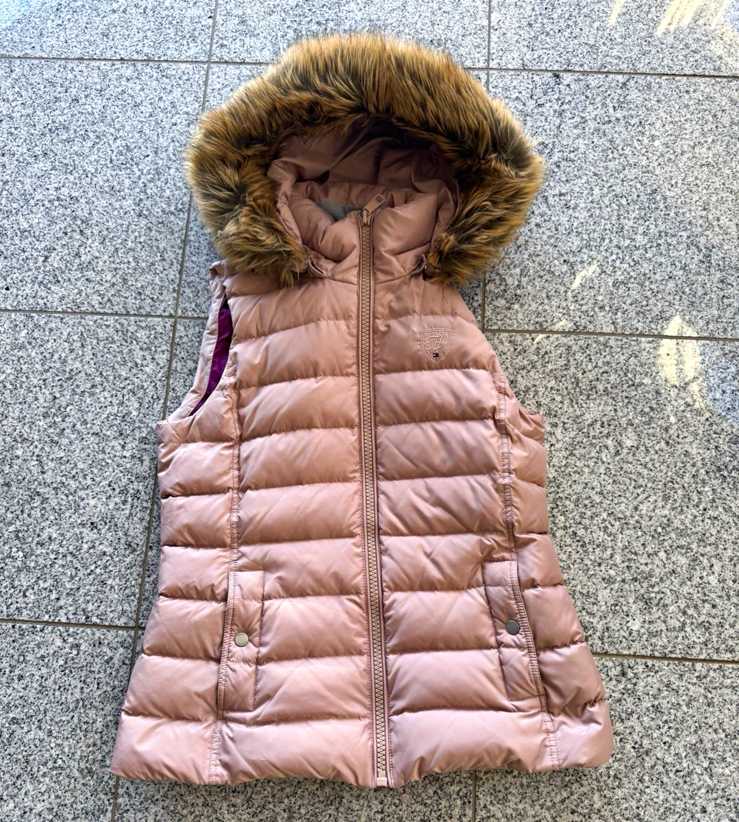 Tommy Hilfiger Damen Steppweste M Beige Kapuze Kunstfellbesatz Reißverschluss