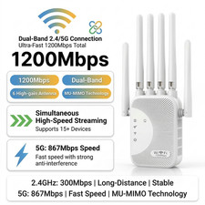 WiFi Extender 6-Antenna Strong Signal, 1200Mbps Dual Band 5GHz/2.4GHz Booster