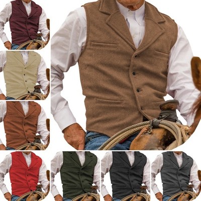 Men's Herringbone Suit Vest British Style Tweed Waistcoat Formal Casual Wedding