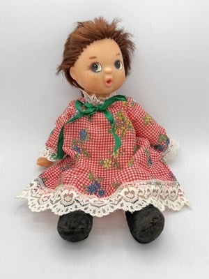 Vintage European Cloth Body Doll Freckled Face Red Floral Dress 12 