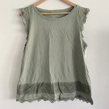 Talbots Sleeveless Top Eyelet Lace Olive Green Large PL Summer Cottagecore Boho